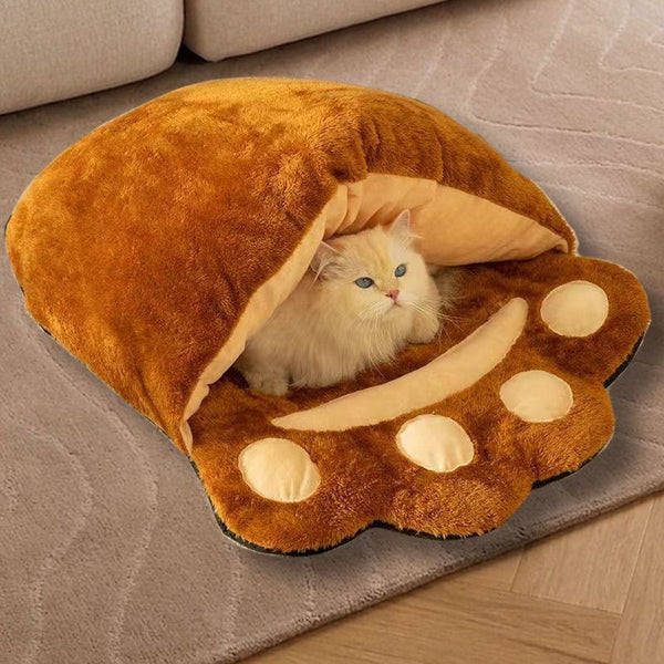 Winter Warm Cute Bear Paw Cat Bed Thickened House Semi-closed