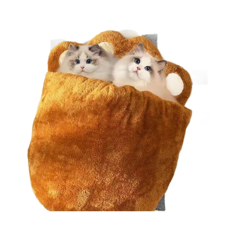Winter Warm Cute Bear Paw Cat Bed Thickened House Semi-closed