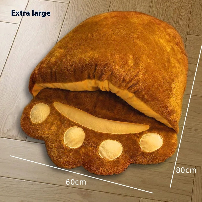 Winter Warm Cute Bear Paw Cat Bed Thickened House Semi-closed